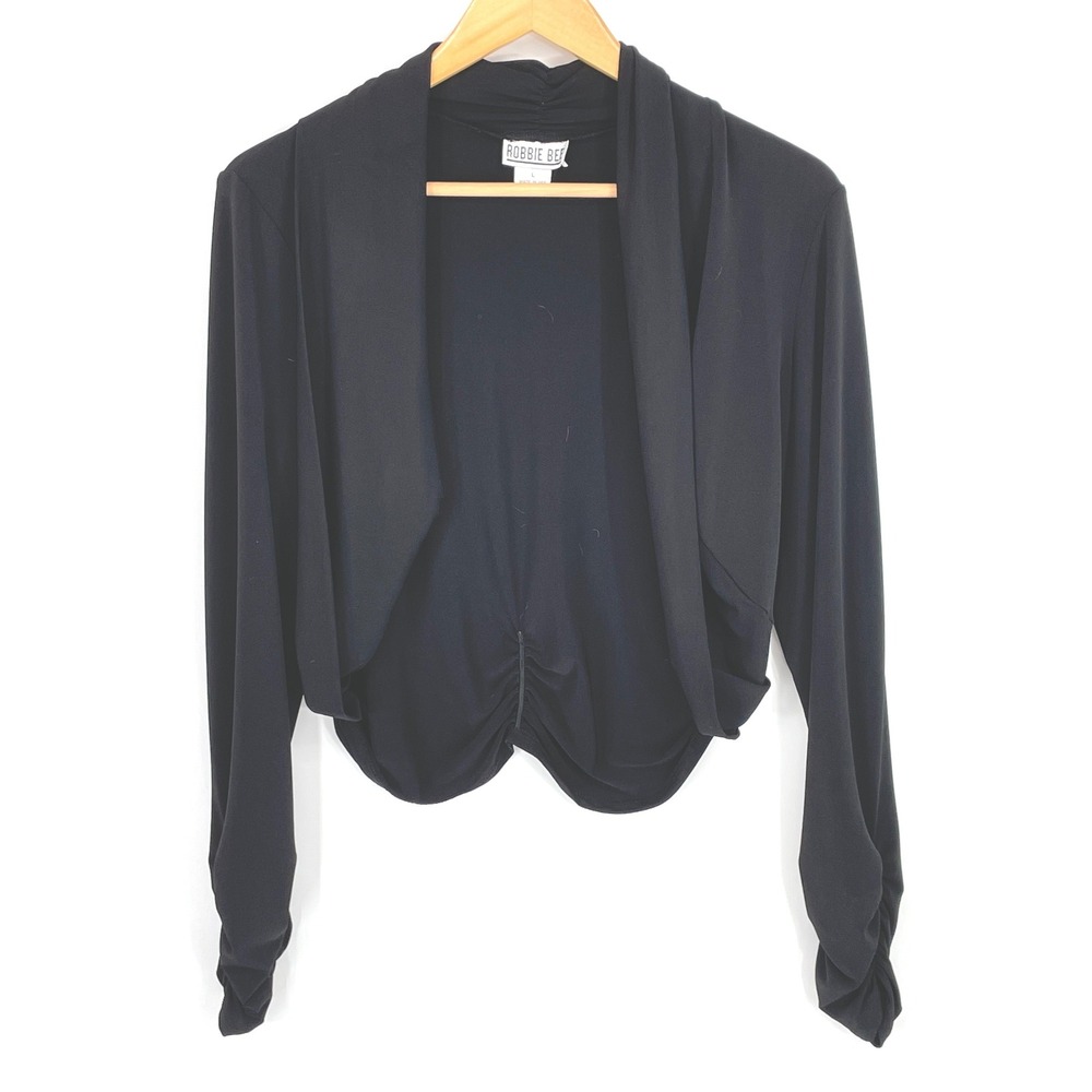VTG Robbie Bee Women Bolo Shrug L Cardigan Black Ruched Open Front Dark Academia